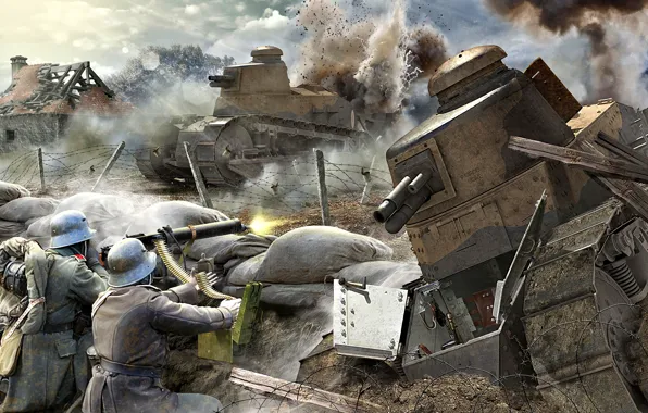 Soldiers, machine gun, barbed wire, light tank, The first World war, Renault FT, MG 08/15