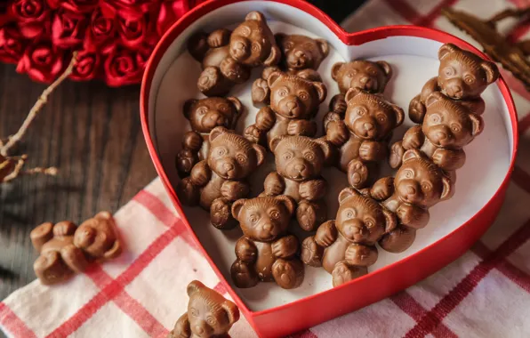 Flowers, table, holiday, box, heart, Board, chocolate, roses