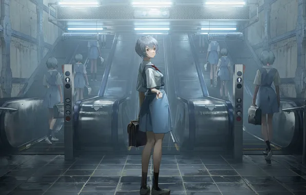 Metro, girls, Neon Genesis Evangelion, escalator, Rei Ayanami, twins