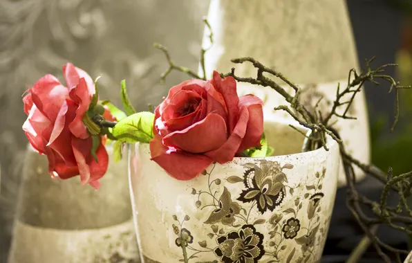 Pattern, roses, branch, red, fabric, vase, artificial flowers