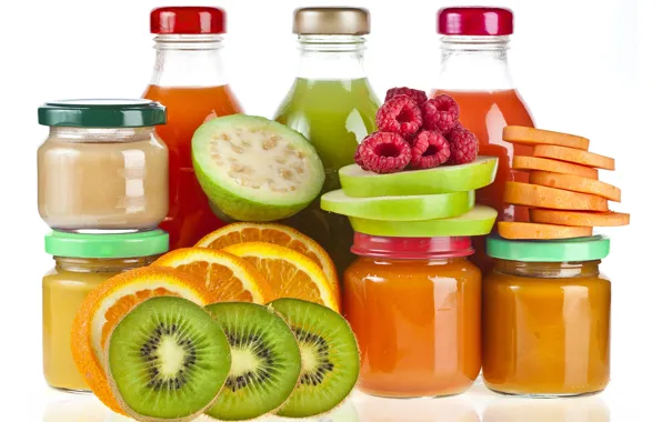 Picture raspberry, Apple, orange, kiwi, fruit, juices, puree