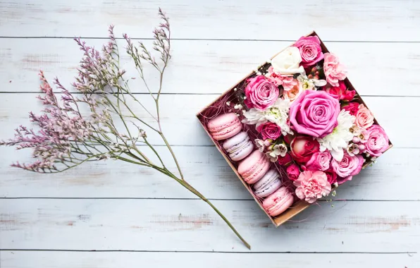 Gift, roses, Flowers, macaroon, branch greenery