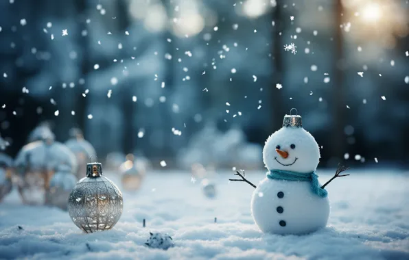 Winter, snow, decoration, snowflakes, balls, New Year, Christmas, golden