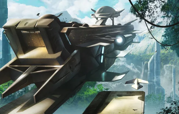 Picture trees, the city, ship, tower, art, fantasy world