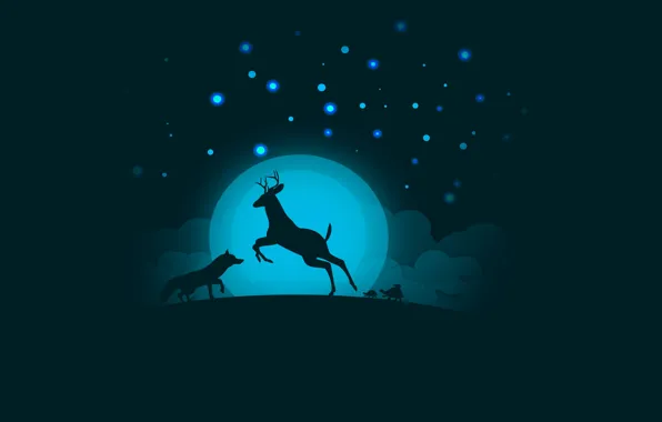 Picture the sky, clouds, night, the moon, deer, Fox, turtles, by 0l-Fox-l0