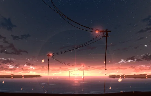 The sky, water, sunset, power lines, by Rune Xiao
