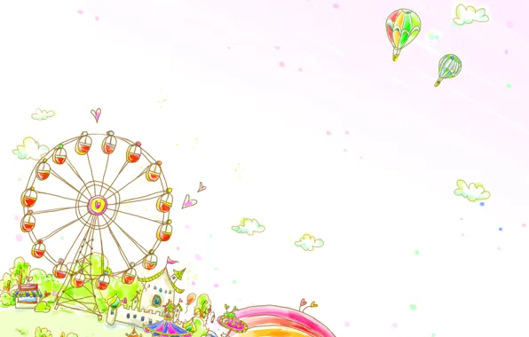 Clouds, balloons, rainbow, wheel, attraction, houses, baby Wallpaper