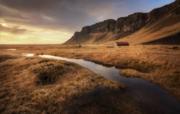Field, autumn, mountains, stream, shore, house, river, farm