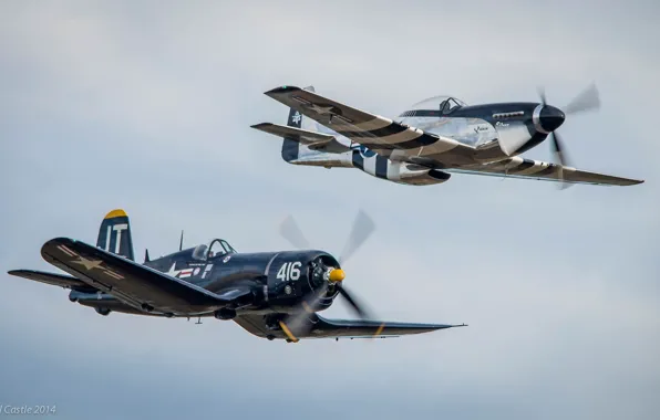 Picture retro, parade, the plane, F4U Corsair, P-51D Mustang Quick Silver