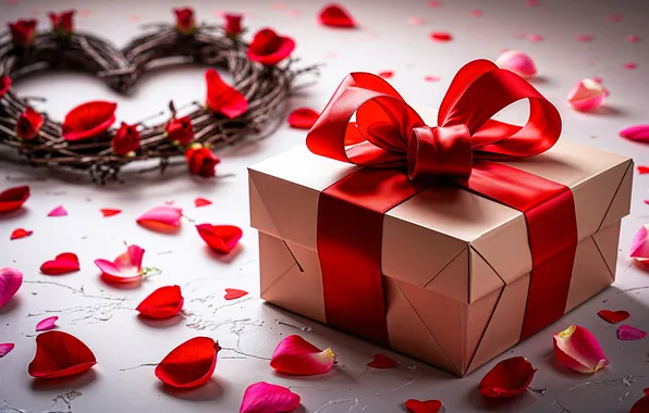 Flowers, box, gift, heart, roses, petals, bow, wreath