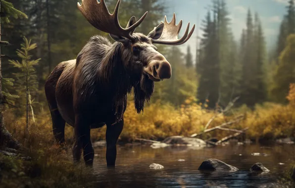 Picture forest, nature, moose, AI art, neural network