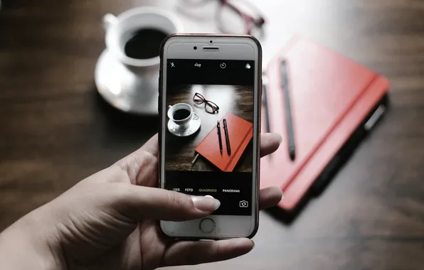 Picture photo, coffee, hand, camera, Cup, phone, handle, iphone