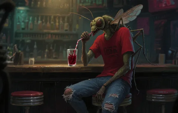 Smoke, insect, bottle, ripped jeans, fantastic art, Drinking a cocktail, The mosquito in the bar, …