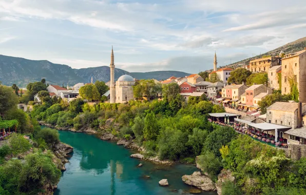 The sky, mountains, nature, river, mosque, Mostar, pagai, Bosnia and Herzegovina