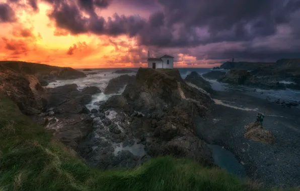 Picture sea, sunset, rocks, shore, the evening, Church, chapel