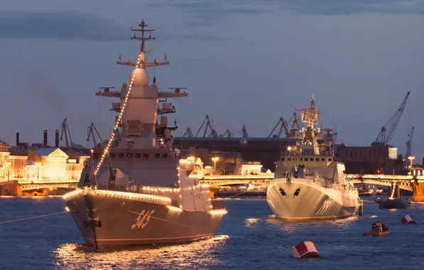 Picture ships, illumination, Neva, Navy day