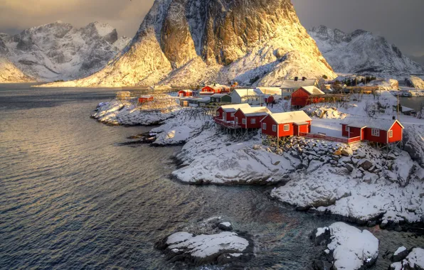 Winter, snow, mountains, rocks, Norway, the village, the fjord, The Lofoten Islands