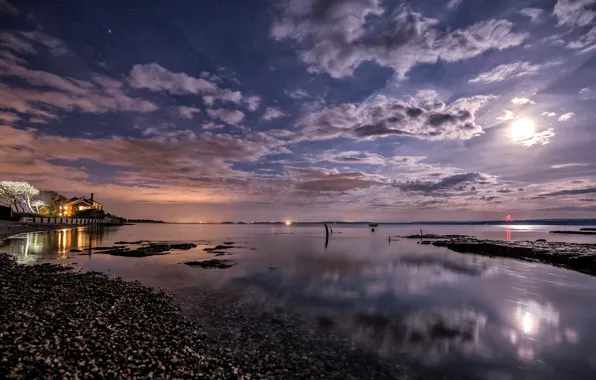 Picture sea, the sky, clouds, light, night, lights, the moon, coast
