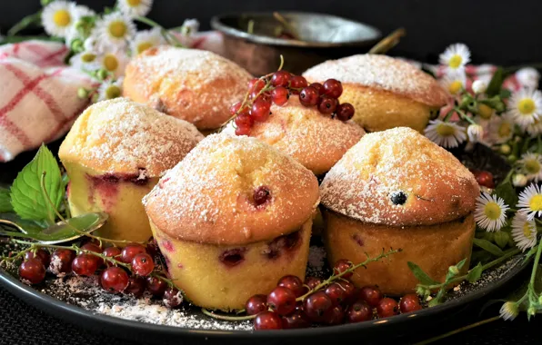 Flowers, berries, a lot, dessert, currants, cakes, cupcakes, powdered sugar