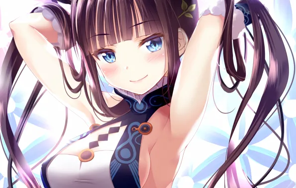 Girl, sexy, cleavage, blouse, long hair, boobs, anime, blue eyes