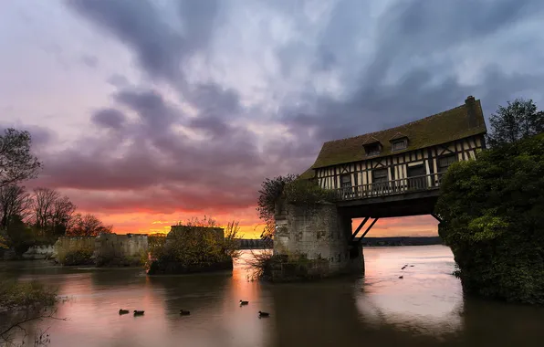 Picture sunset, house, river