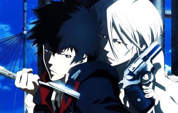 Gun, knife, guys, PSYCHO-PASS, psycho-passport, Kougami Shinya, Makishima Shougo