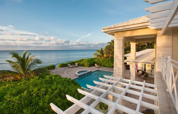 Pool, ocean, coast, home, luxury, bahamas, palm