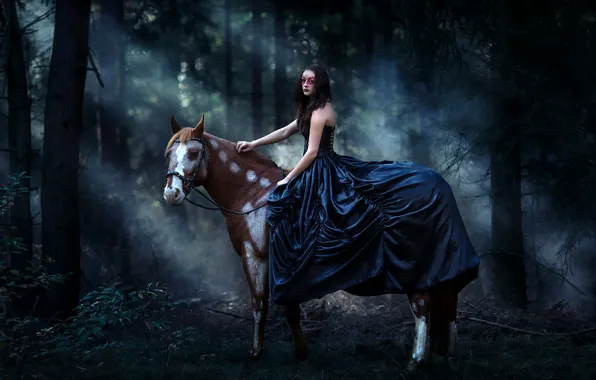 Forest, girl, horse, horse, dress, mask