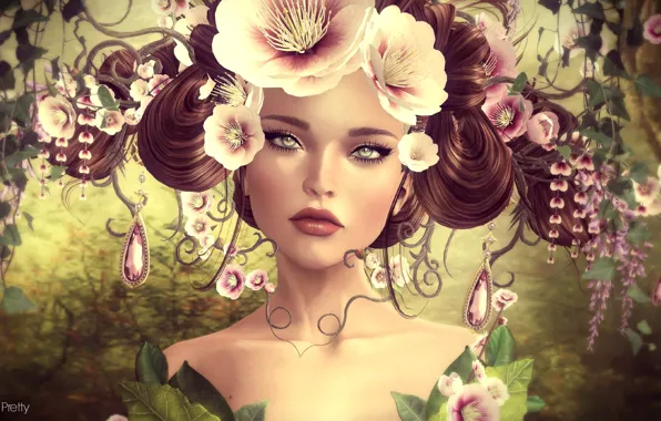 Girl, flowers, portrait, hairstyle