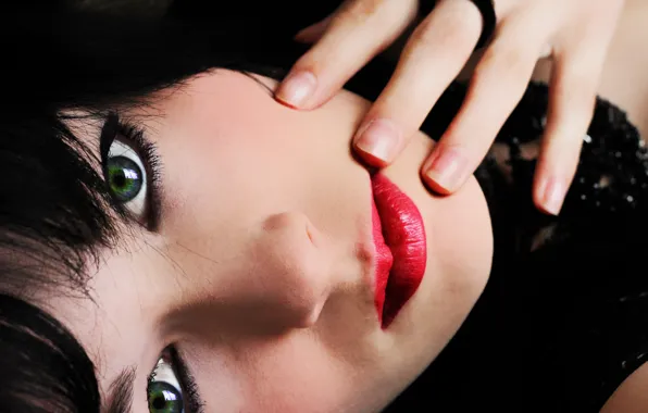 Girl, hair, hand, makeup, black, green eyes, red lips