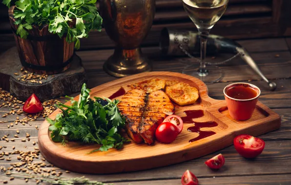 Greens, wine, glass, fish, sauce, parsley, cherry, salmon