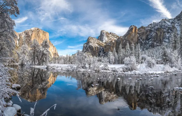 Winter, snow, trees, mountains, reflection, river, CA, California