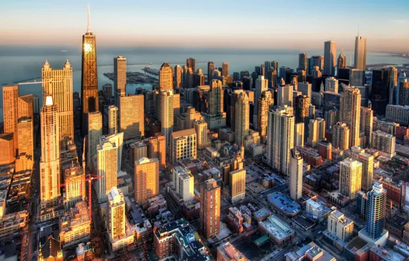 Picture sea, the sky, dawn, home, skyscrapers, panorama