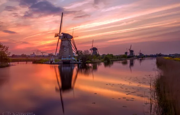Water, river, the evening, channel, Netherlands, Holland, windmills