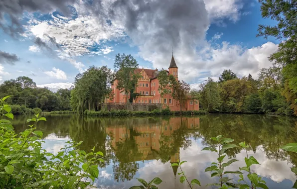 The sky, clouds, pond, castle, Germany, Bayern