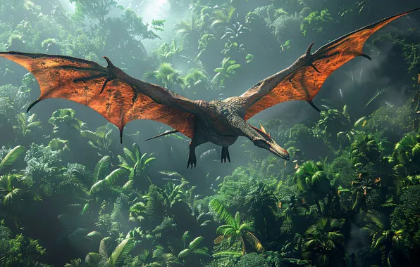 Trees, Flight, Wings, Dinosaur, Jungle, Animal, Digital art, Ancient animals