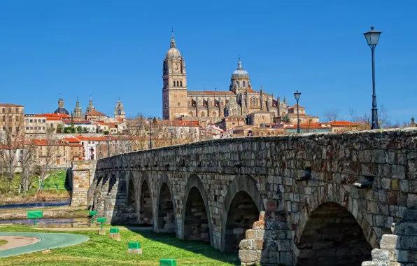Bridge, river, home, Cathedral, Spain, Salamanca, Tormes