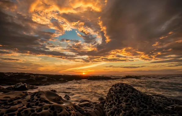 Picture sea, wave, the sky, the sun, clouds, landscape, sunset, clouds