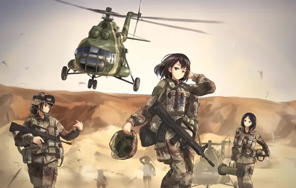 Weapons, girls, desert, anime, art, helicopter, military, tc1995