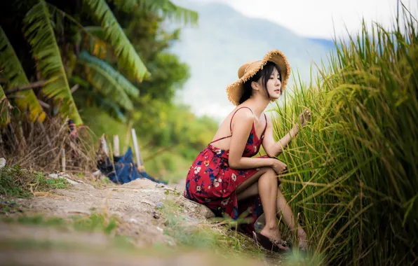 Hat, dress, brunette, Asian, bokeh