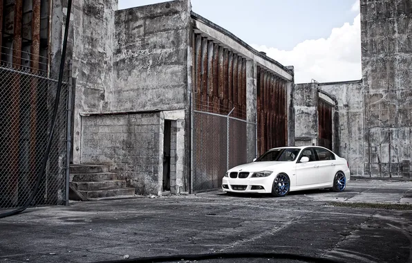 Picture white, the sky, tuning, building, BMW, BMW, sedan, drives