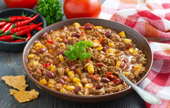 Corn, meat, pepper, tomato, parsley, dish, beans, Mexican