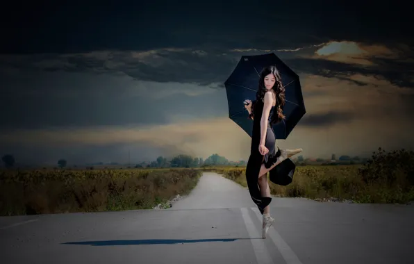 Road, clouds, dance, umbrella, girl, ballerina, Pointe shoes