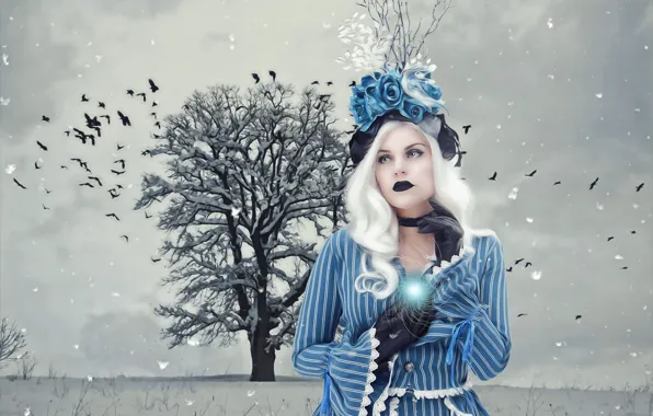 Winter, frost, field, girl, snow, landscape, birds, blue