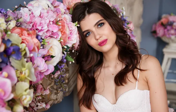 Girl, flowers, makeup, brunette, curls