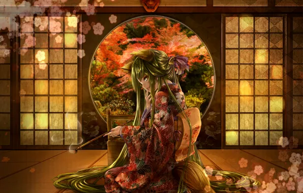 Flower, girl, smoke, tube, mask, sitting, long hair, Japanese clothing