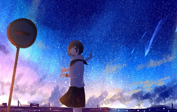 Girl, road sign, Starfall