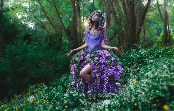 Picture forest, girl, flowers, clothing, makeup, Fantastic vision