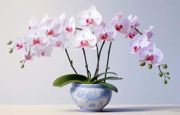 Leaves, flowers, branches, pot, gentle, pink, orchids, light background