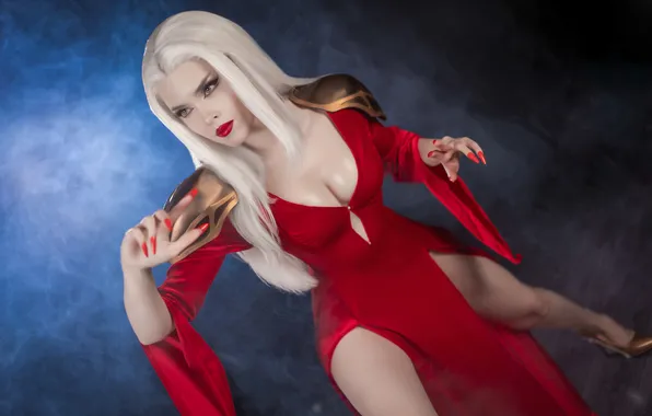 Picture cleavage, model, women, cosplay, white hair, thighs, red lipstick, Ilona Bugaeva